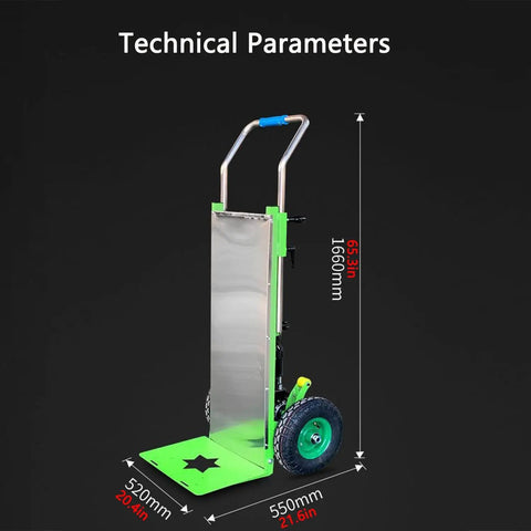 Heavy Duty Electric Stair Climbing Trolley Cart With 1500W Brushless Motor Handles 300Kg Loads side view showing dimensions and design.
