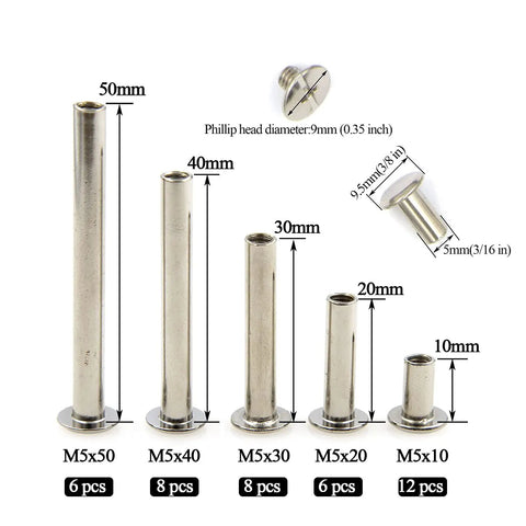 Slick Nickel Plated Chicago Binding Screws 80 Piece Assorted M5 Scrapbook Extender Post Set with various sizes displayed.