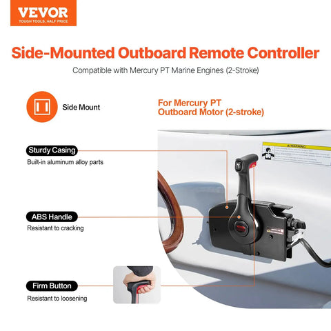 Side Mounted Outboard Remote Throttle Control Box With Power Trim Switch And Lanyard 16.3 Ft Harness 8 Plus 4 Pin Marine Throttle Controller For Mercury PT 2 Stroke Engines Durable Aluminum Housing And Crack Resistant ABS Handle mounted on boat