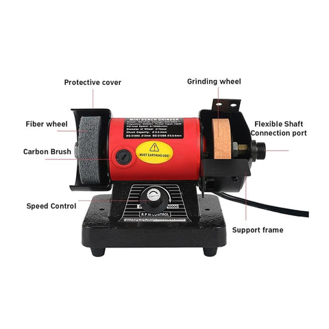 150 Watt Mini Bench Grinder And Polisher For Jewelry Crafting And Jade Engraving Featuring Adjustable Speed Control with grinding wheel and fiber wheel.