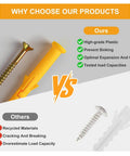 Comparison of yellow plastic anchor and screw set against recycled materials, highlighting benefits of 160Pcs Drywall Anchors And Screws Kit.