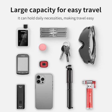 Display of items for large capacity 3L Large Bike Frame Bag With A 7 Inch Phone Pocket Waterproof 600D Fabric Four Point Anti Sway Straps