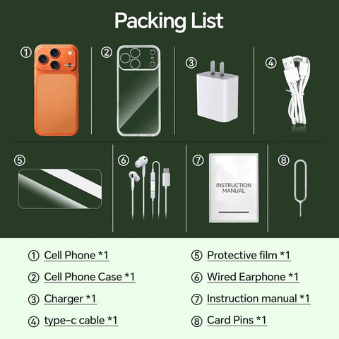 Packing list for Built Different 5G Unlocked Smartphone Running Android 15 With 8GB RAM Plus 256GB Internal Storage
