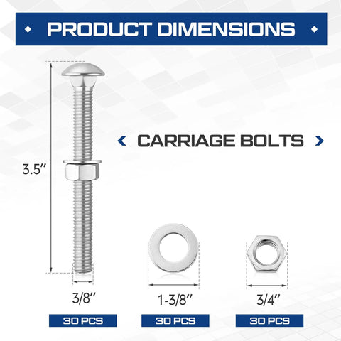 Three Eighths Inch By Three And A Half Inch Carriage Bolt Kit With Beefy Heavy Duty Build Includes 30 Carriage Bolts 30 Flat Washers And 30 Hex Nuts For Exterior Decks Gazebos Pergolas And Other Tough Outdoor Projects.