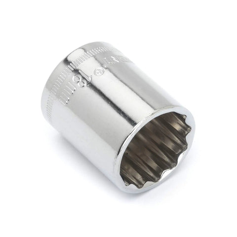 18mm 3/8 Inch Drive 12 Point Standard Metric Socket, Chrome Vanadium Steel, Nickel Chrome Plated, Mirror Polish Finish