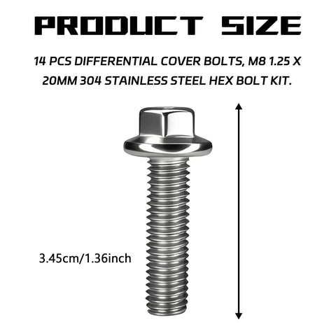 Top Shelf Rear Differential Valve Cover Bolts Kit M8 1.25X20mm Stainless Steel Toothed Flanged Hex Screws showing bolt size and design.
