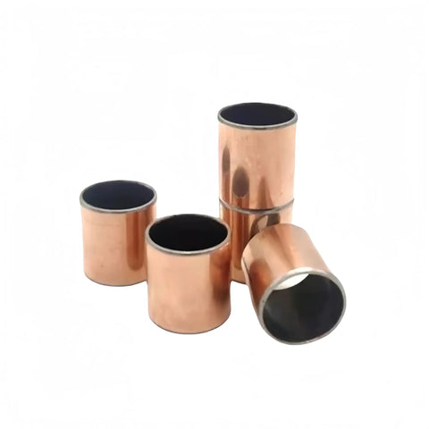Ten Pack Of SF1 Self Lubricating Bushings 20Mm X 15Mm Oilless Sleeves stacked, showcasing copper and black material for heavy machinery use.