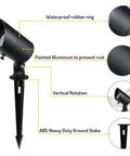 Diagram of 4W LED Landscape Lights 8 Pack Low Voltage Outdoor Lighting detailing waterproof rubber ring, aluminum, vertical rotation.