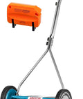 7 Blade Reel Mower With Sharpener For Fine Textured Lawns 16 Inch Cutting Width Lightweight Manual Grass Cutter For Bentgrass Bermuda Zoysia Includes SK 2 Hand Sharpener For Slick Pro Quality Lawn Care. Reel mower with orange SK-2 hand sharpener and metal frame