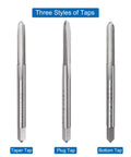 Badass 3 Piece M4 Metric Hand Tap Set For Dead Straight Threading And Smooth Metal Work Right Hand High Speed Steel Taper Plug Bottom Threads shows taper, plug, and bottom taps.
