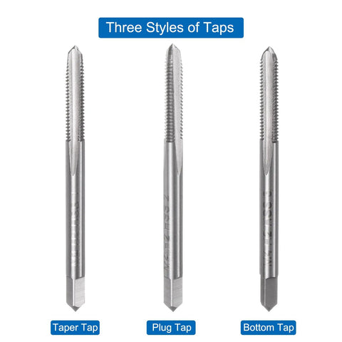 Badass 3 Piece M4 Metric Hand Tap Set For Dead Straight Threading And Smooth Metal Work Right Hand High Speed Steel Taper Plug Bottom Threads shows taper, plug, and bottom taps.