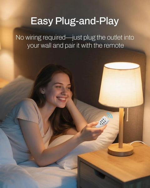 Woman using Dual Independent Socket Wireless Remote Outlet With 2 Switches, Space Saving Plug In Design, lamp control