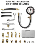 AUTOWN fuel pressure tester kit with gauge (0–140 PSI) and brass adapters for cars, trucks, ATVs