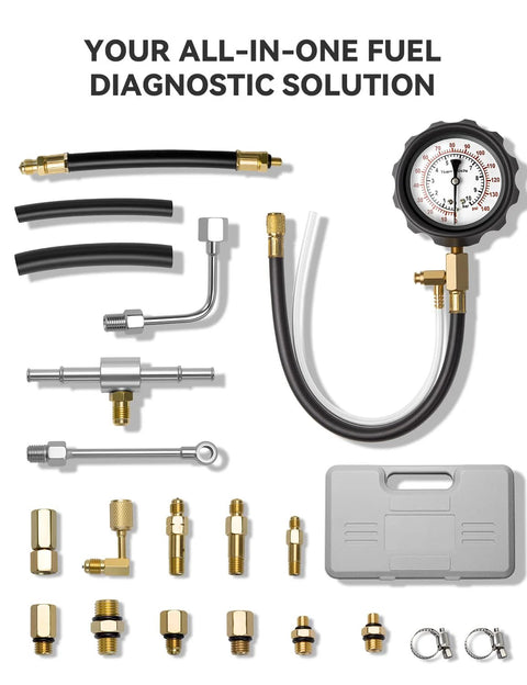 AUTOWN fuel pressure tester kit with gauge (0–140 PSI) and brass adapters for cars, trucks, ATVs