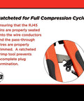 Close-up of Ratcheted Pass Through RJ45 Crimp Tool With Built In Stripper And Cutter showing handle and mechanism.