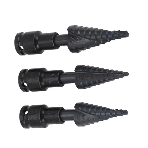 Heavy Duty 3 Piece Step Drill Bit Kit With Woodworking Power For Metal And Plastic Fast Cutting Spiral Flutes Hex Shank Tool Set To Crush Any Job, 3 bits