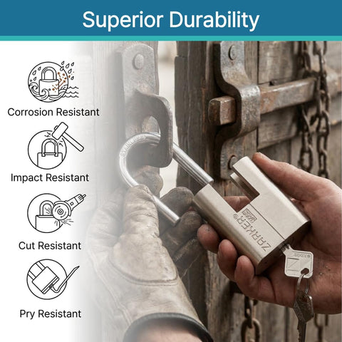 Person locking gate with Keyed Alike Heavy Duty Padlocks 2 Pack With Stainless Steel Shackle Waterproof and Rustproof 6 Keys