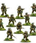 British and Canadian Army infantry 28mm plastic miniatures for Bolt Action war game 1943 to 1945, 10 battle-ready figures.