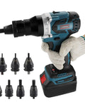 Smooth Riding Heavy Duty Cordless Electric Rivet Nut Gun With 5.2ah Battery Pack And Built In Light For M3 Through M12 Steel Insert Installation Kits, with various nut sizes.