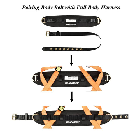 Tongue Buckle Body Belt With Hip Pad And Dual Side D Rings For Personal Fall Arrest, Restraint, And Work Positioning shown in stages