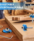 Pro Grade Carbide Rabbet Router Bit Set With Four T-Slot Bits And Six Bearing Heads, One Quarter Inch Shank on wood surface