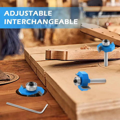 Pro Grade Carbide Rabbet Router Bit Set With Four T-Slot Bits And Six Bearing Heads, One Quarter Inch Shank on wood surface