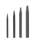 Heavy Duty Four Piece Center Punch Set With 3/16-5mm 5-Inch, 5/16-8mm 6-Inch tools in black oxide finish for precise metal scribing.