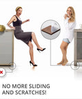 Woman slipping on floor before using 44 Piece Furniture Pad Set With No Slip Self Adhesive Felt Pads For Chair And Table Legs, Anti Scratch Floor Protectors For Hardwood And Tile Floors, Easy Install Rubber Feet To Prevent Sliding And Protect Floors, and another woman smiling after using pads under a cabinet leg.