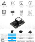 Ultra Compact Lidar Sensor Scanner With UART I2C 0.2 To 20 Meters Long Range For Micro Drones Robots UAVs Makers Ideal For DToF Projects Compatible With Arduino Raspberry Pi Pixhawk SDK on a spec sheet background.