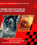 Lucas Oil promotion showcasing extreme protection for vehicles in heat, water, and pressure environments.