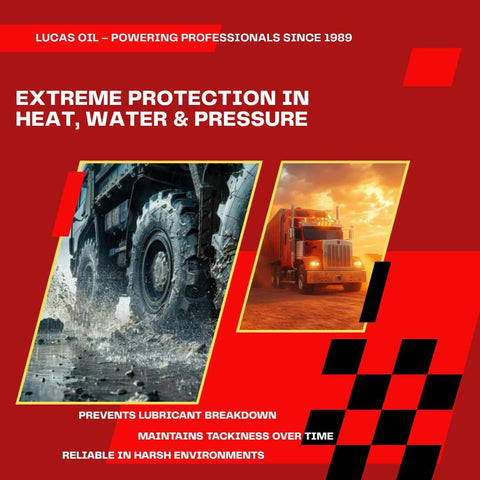 Lucas Oil promotion showcasing extreme protection for vehicles in heat, water, and pressure environments.