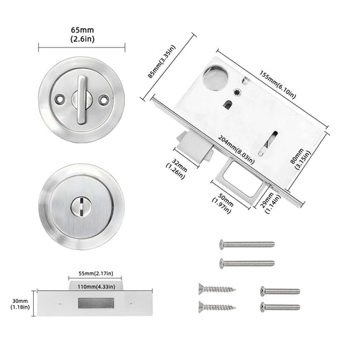 Pocket Door Hardware With Pull Recessed Door Handle Lock For Furniture Invisible Sliding Door Lock Handle Silver Zinc Alloy Construction Anti Rust Corrosion Resistant Durable With Smooth Edges And Mute Operation Provides Secure Fit shown in detailed components layout with dimensions.
