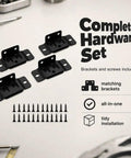 Black brackets and screws set, ideal for beefed-up heavy-duty stainless steel corner brackets for furniture reinforcement.