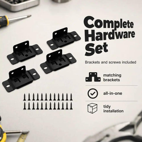 Black brackets and screws set, ideal for beefed-up heavy-duty stainless steel corner brackets for furniture reinforcement.