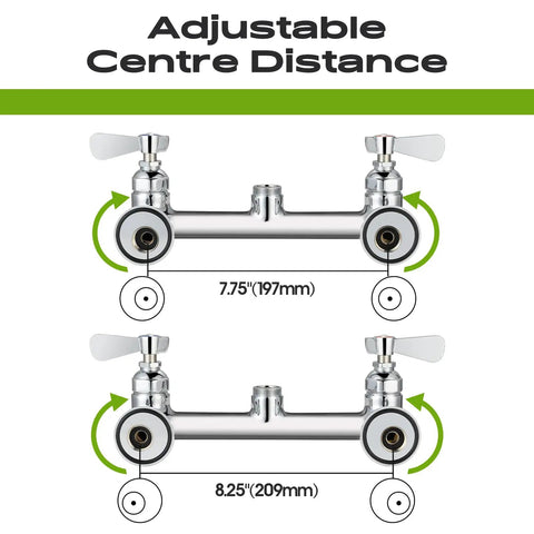 Commercial Wall Mount Kitchen Sink Faucet With High Pressure Pre Rinse Sprayer And Add On Swing Spout 8 Inch Adjustable Centers adjustable center distance images with size options.
