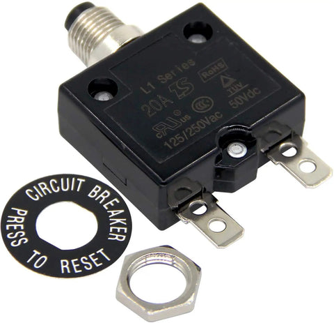 Heavy Duty Thermal Circuit Breaker 20 Amps Push Button Manual Reset Switch with circuit reset label and mounting nut.