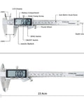 Handy 6 Inch Digital Caliper Tool With IP54 Waterproof Stainless Steel Vernier Caliper Large LCD Screen Easy Switch From Inch To Metric Precise Internal External And Depth Measurements A DIY And Household Must Have showing metric and inch scale.