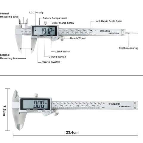 Handy 6 Inch Digital Caliper Tool With IP54 Waterproof Stainless Steel Vernier Caliper Large LCD Screen Easy Switch From Inch To Metric Precise Internal External And Depth Measurements A DIY And Household Must Have showing metric and inch scale.