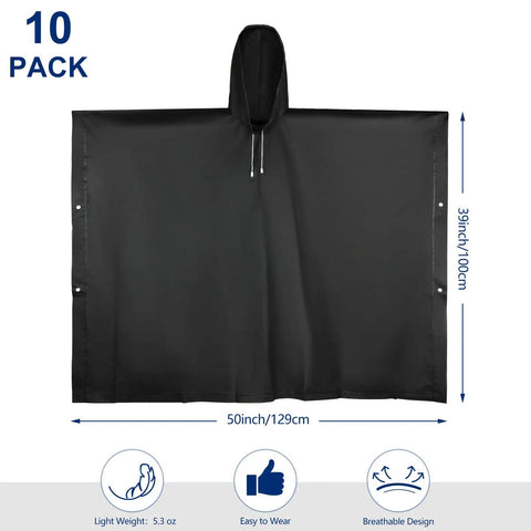 10 Pack Adult Rain Ponchos With Drawstring Hood Waterproof Thickened Rain Coats For Men And Women Reusable Black EVA Material