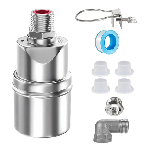 Water Level Float Valve 1/2 Inch To 3/4 Inch, 304 Stainless Steel kit with fittings, quick-release, tape, and elbow, no pump needed