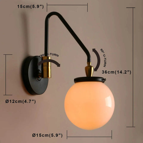 Swing Arm Wall Sconce Light With Milk White Globe, Dope Mid Century Vibe Modern Adjustable Bedside Lamp, E26 Base Vanity Lighting, Black Finish