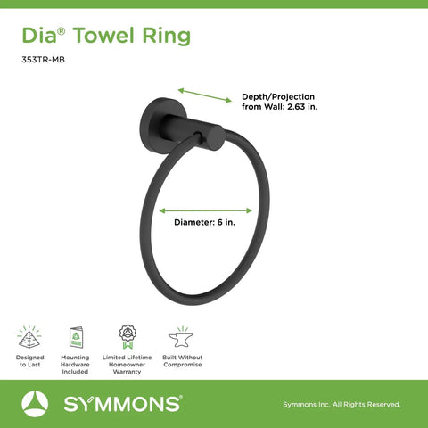 Dia 4-Piece Wall Mounted Bathroom Hardware Set In Matte Black With Towel Bar, Robe Hook, Hand Towel Holder, And Toilet Paper Holder, Includes All Mounting Hardware And 50 Lb Bar Capacity, Lifetime Residential Warranty, showing towel ring, 6 inch diameter, wall projection 2.63 inch, matte black finish.