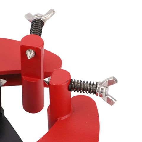 Close-up of Heavy Duty Adjustable Pipe Alignment Clamp with quick acting dual handle screws for precise welding on 2 to 6 inch pipes.