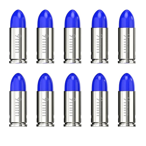 10-pack of 9mm Round Action Training Snap Caps for Dry Fire Practice Realistic Weight Metal Dummy Rounds, Safe Loading Firing.