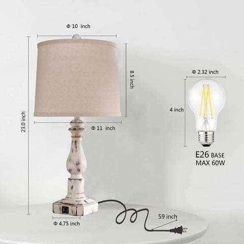 Touch Control Rustic Table Lamps Set of 2 with Dual USB Ports 3 Way Dimmable Vintage Bedside Lamps Antique White Resin Finish
