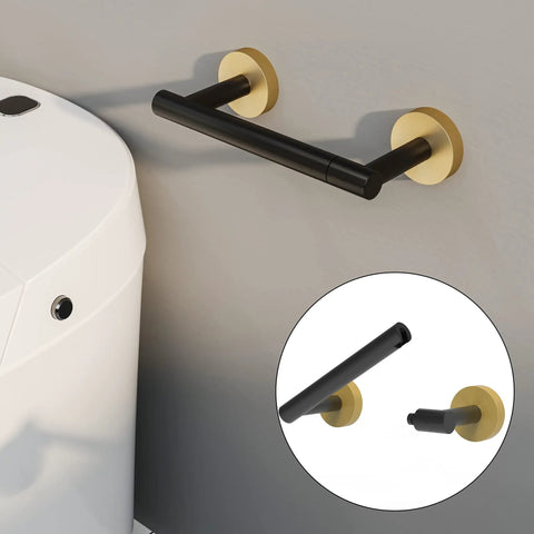 Matte Black And Brushed Brass Finish Double Post Pivoting Toilet Paper Holder Built Tough From SUS304 Stainless Steel Wall Mounted Tissue Holder For Commercial Bathrooms And RVs mounted beside toilet with inset pivot detail