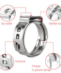 Close-up view of 40 Pack 15.3mm To 18.5mm Single Ear Hose Clamps PEX Cinch Clamps Stainless Steel 304 Crimp Hose Clamp illustrating features.