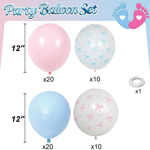 Pastel Pink and Blue Gender Reveal Balloons Set 60 Pack 12 Inch Includes 20 Pink 20 Blue 10 Pink Bow Print 10 Blue Bow Print Balloons Plus Ribbon