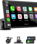 Plug and Play Wireless CarPlay Car Stereo Road Trip Ready With 7 Inch HD Touchscreen showing app icons, backup camera included