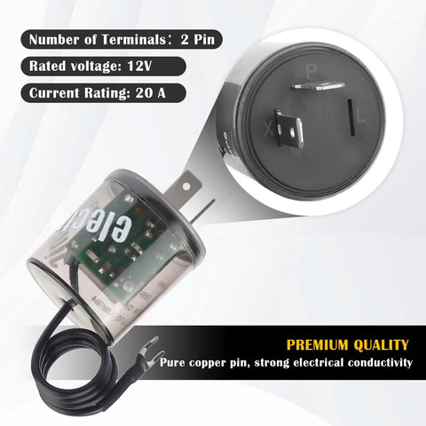 Close-up of 2 Pin LED Flasher Relay With Ground Wire For 12V Cars Trucks And SUVs No Brainer Fix showing terminals and ABS housing.
